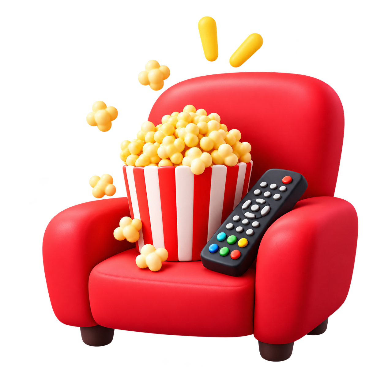 A red cinema chair with popcorn and a remote